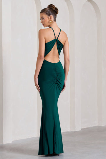 Brianna Bottle Green Sleeveless Halter-Neck Open-Back Maxi Dress